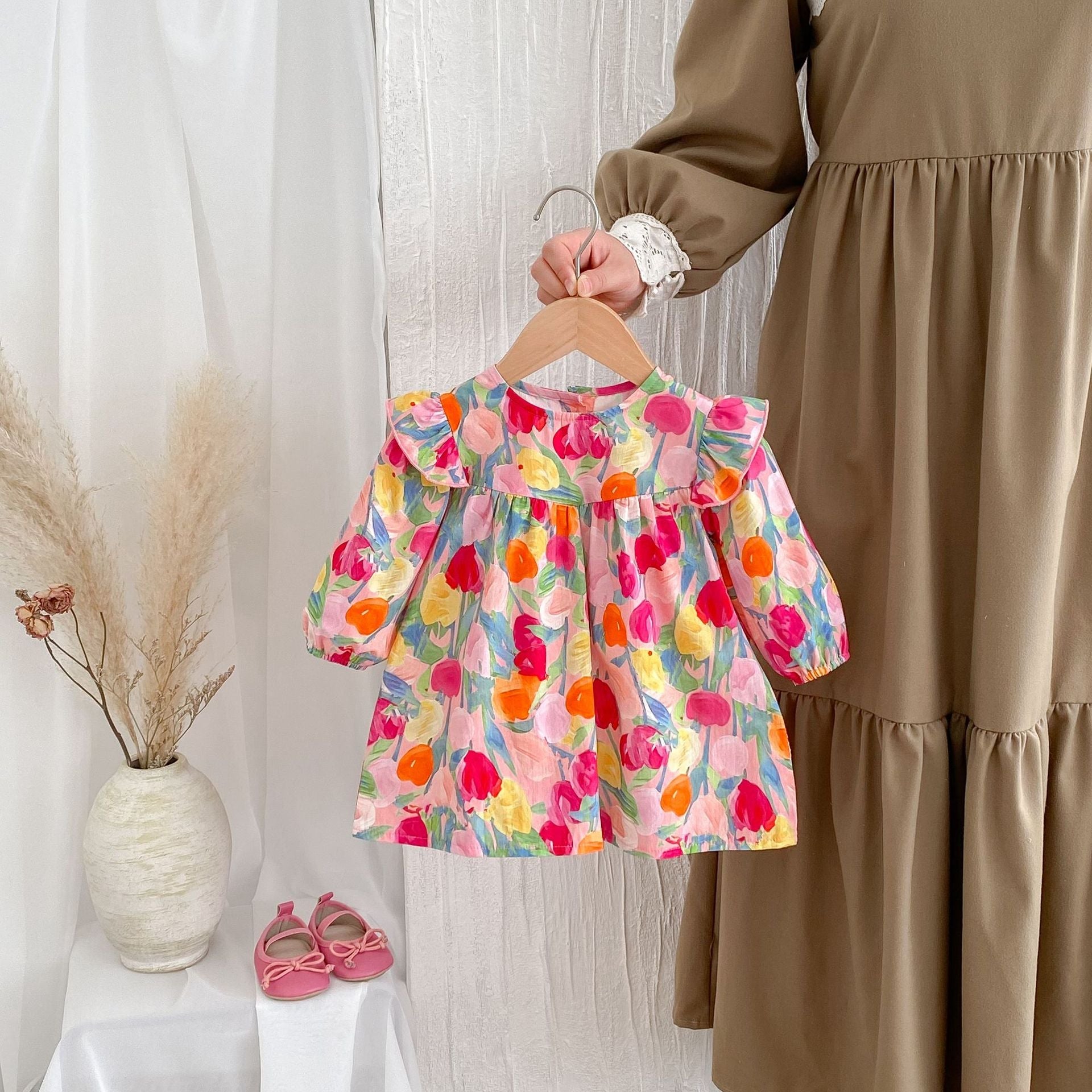 Autumn Arrival Baby Girls Long Sleeves Vivid Floral Print Colorful Onesies and Dress-3
