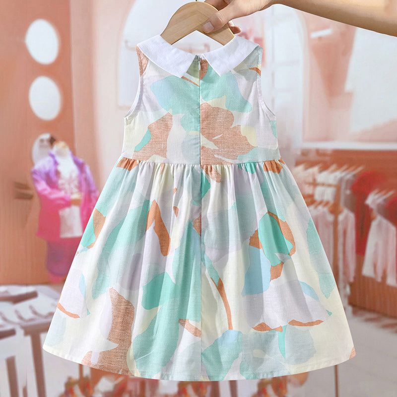 Arrival Summer Girls Sleeveless Peter Pan Collar Colorful Pattern Thin Dress-3