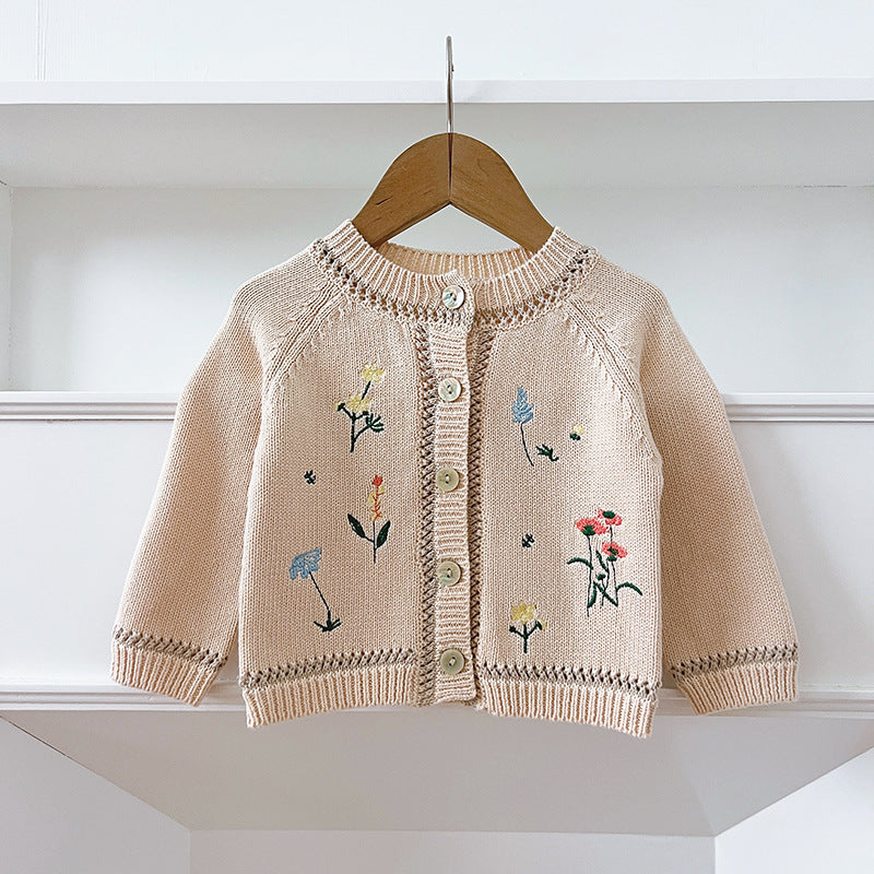 Arrival Baby Girls Comfortable Flowers Embroidery Pattern Knitted Long Sleeves Cardigan-3