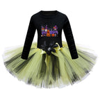 Arrival Girls’ Halloween Costume: Long Sleeves Cartoon Print Witches Cosplay Party Tulle Patchwork Dress-4