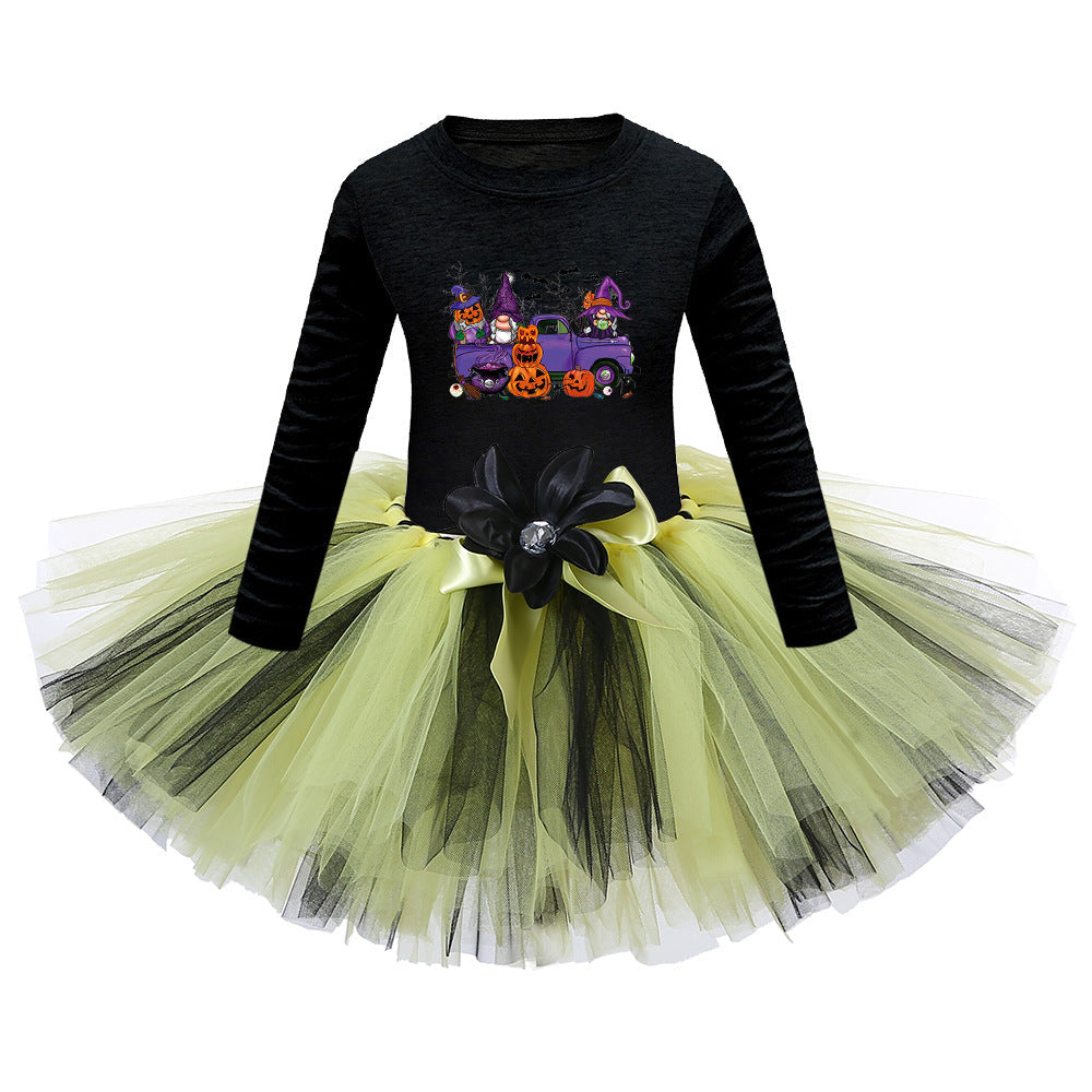 Arrival Girls’ Halloween Costume: Long Sleeves Cartoon Print Witches Cosplay Party Tulle Patchwork Dress-4