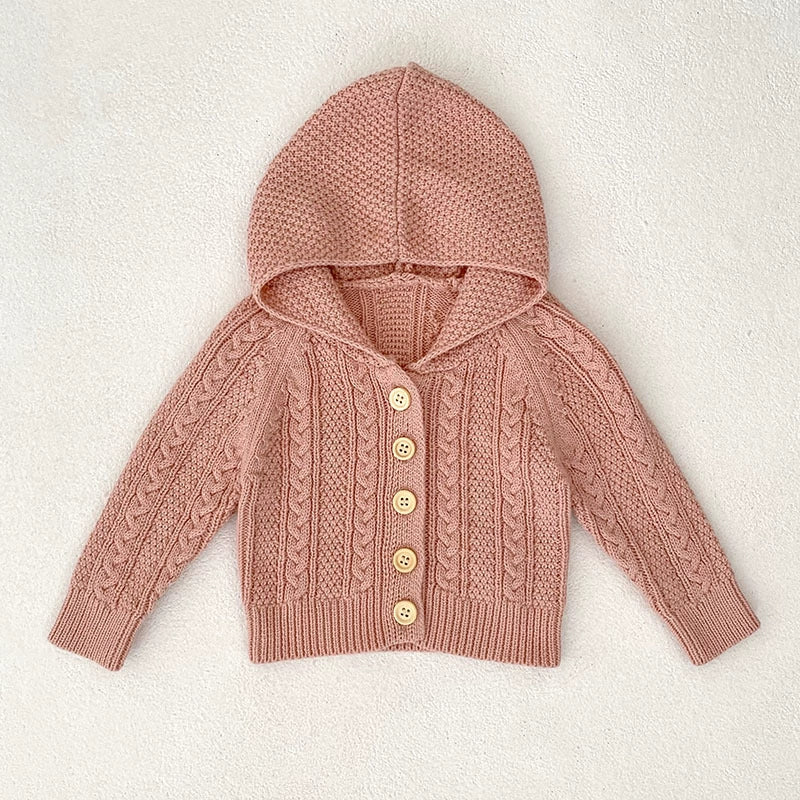 Autumn Arrival Baby Girls Comfortable Solid Color Knitted Long Sleeves Cardigan with Hood-2