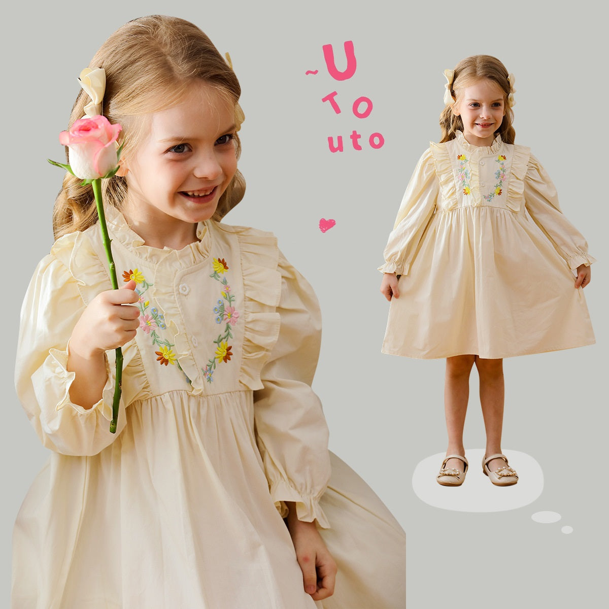 Arrival Autumn Girls Simple Ruffle Neck Long Sleeves Vine and Flowers Pattern Dress-0