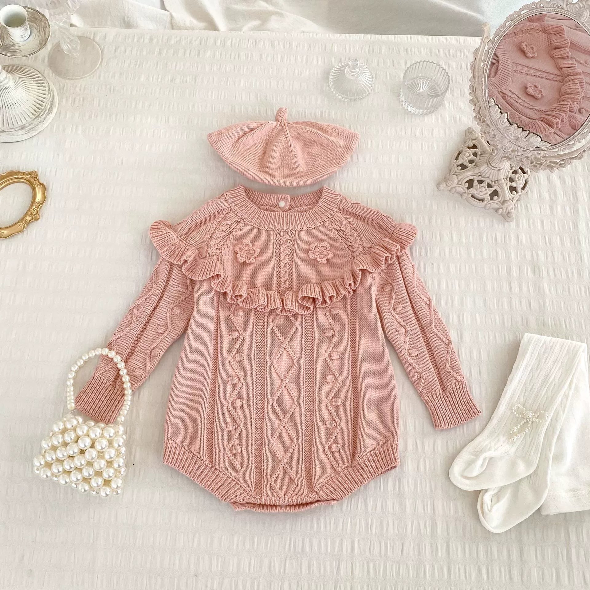 Autumn Arrival Baby Girls Knitted Long Sleeves Geometric Jacquard Pattern Onesies-2