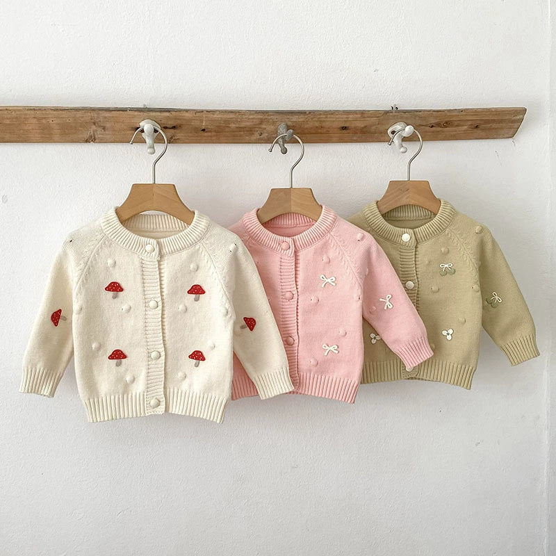 Autumn Arrival Baby Girls Comfortable Mushroom or Butterfly-bows Decorated Knitted Long Sleeves Cardigan-3