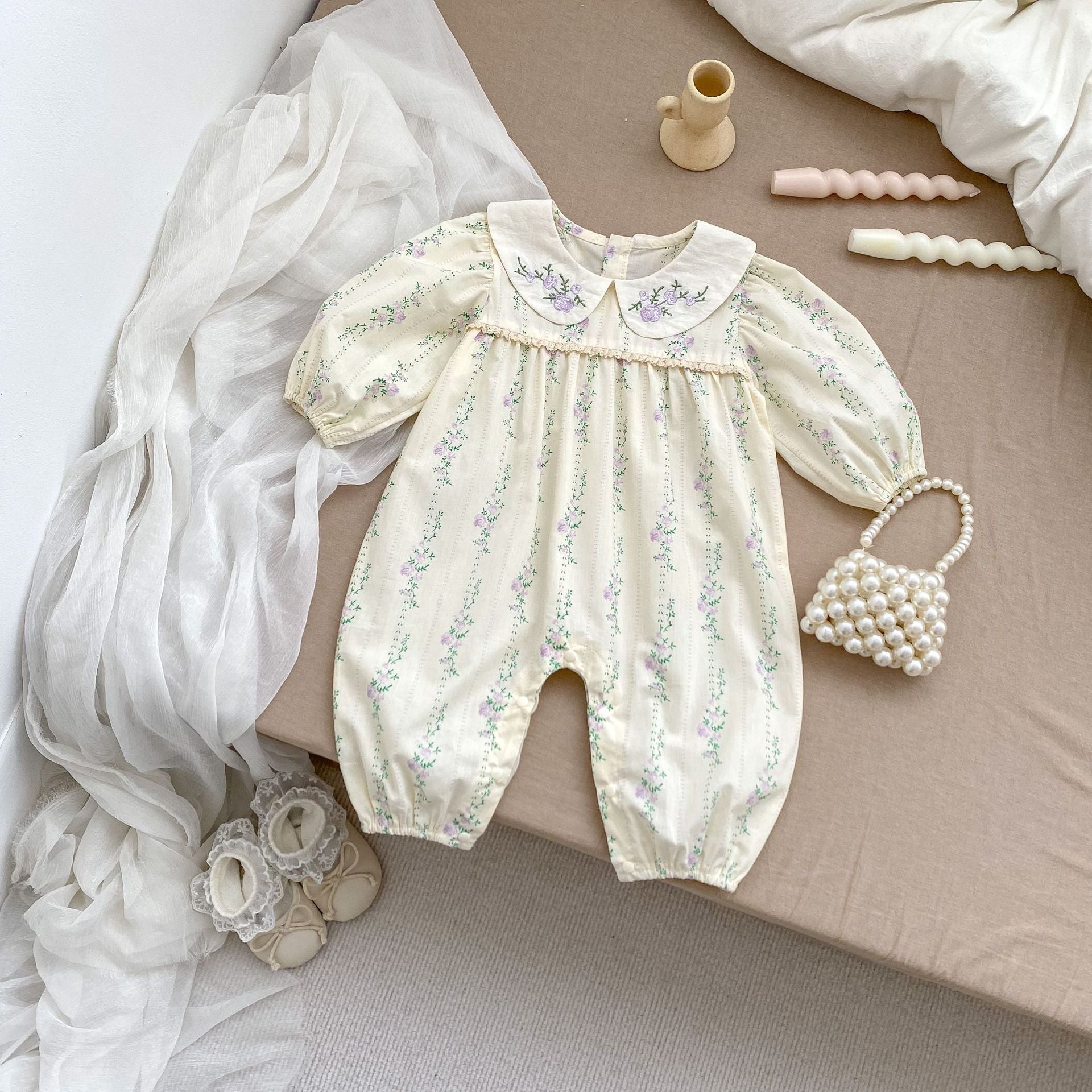 Arrival Autumn Baby Girls Long Sleeves Floral Pattern Romper with Embroidered Collar-4