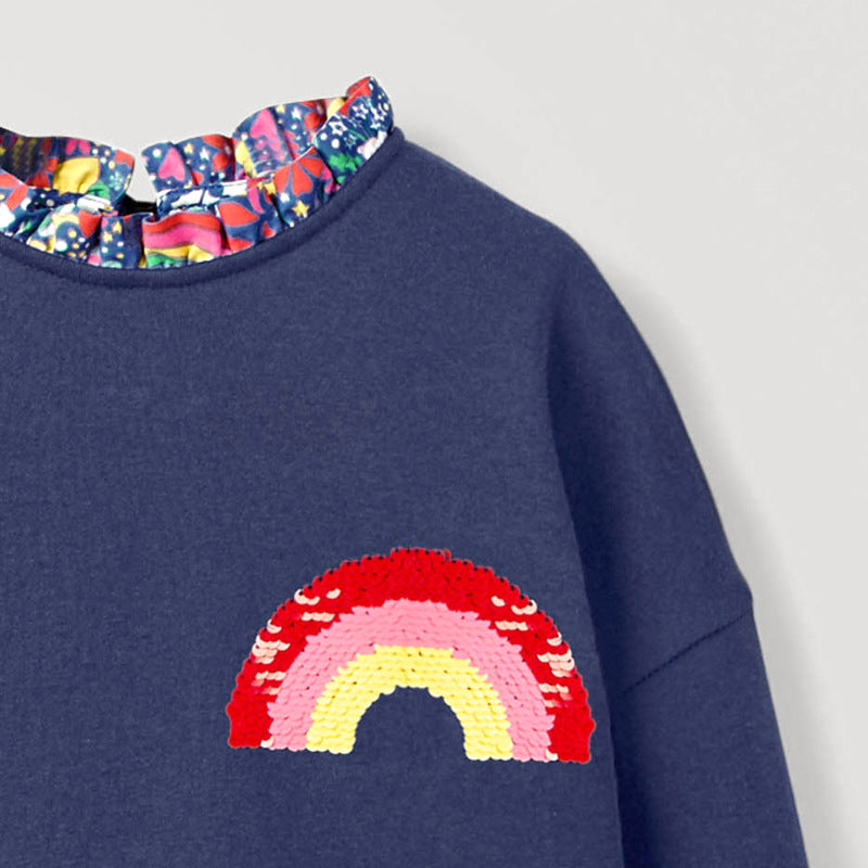 Arrival Autumn Girls Rainbow Embroidery Sweatshirt Patchwork Vivid Floral Dress-4