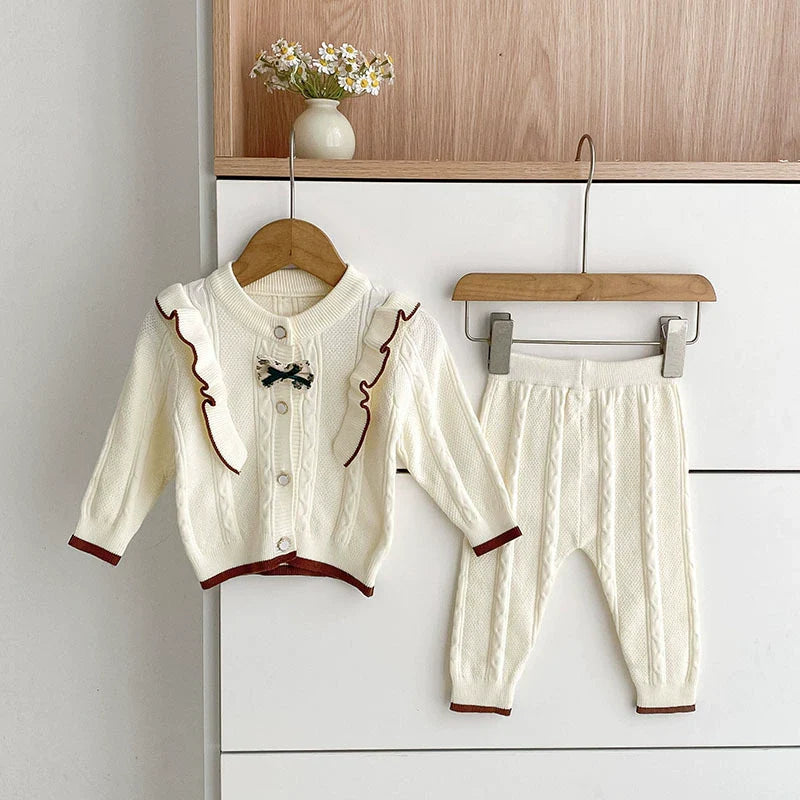 Arrival Autumn Baby Girls Long Sleeves Color Patchwork Jacquard Pattern Knitted Top Cardigan and Long Trousers Clothing Set-0