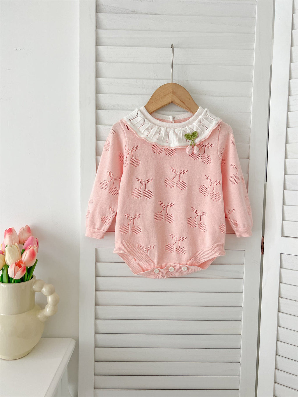 Autumn Arrival Baby Girls Cheery Hollow-out Pattern Long Sleeves Onesies with Collar-1
