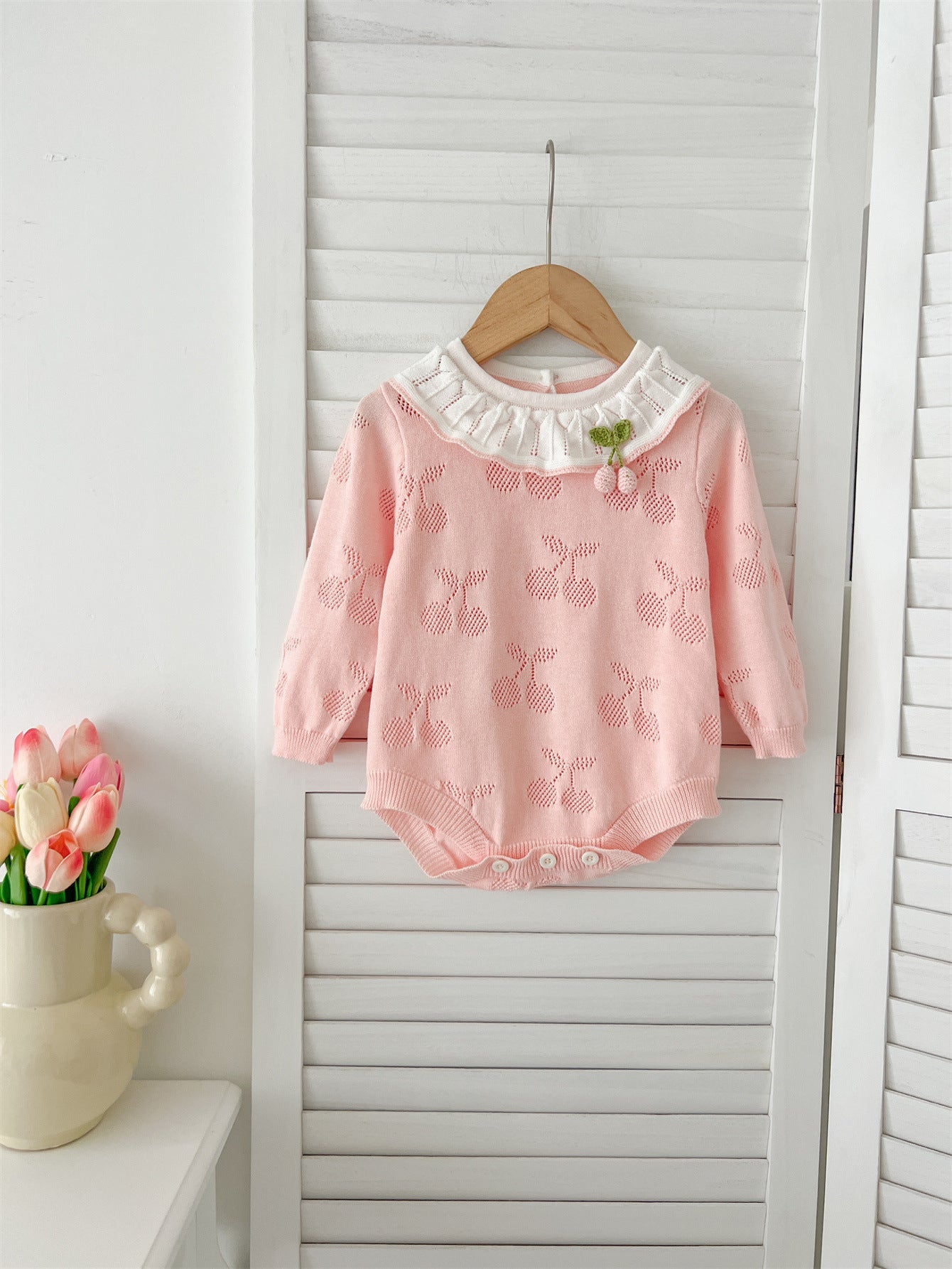 Autumn Arrival Baby Girls Cheery Hollow-out Pattern Long Sleeves Onesies with Collar-1