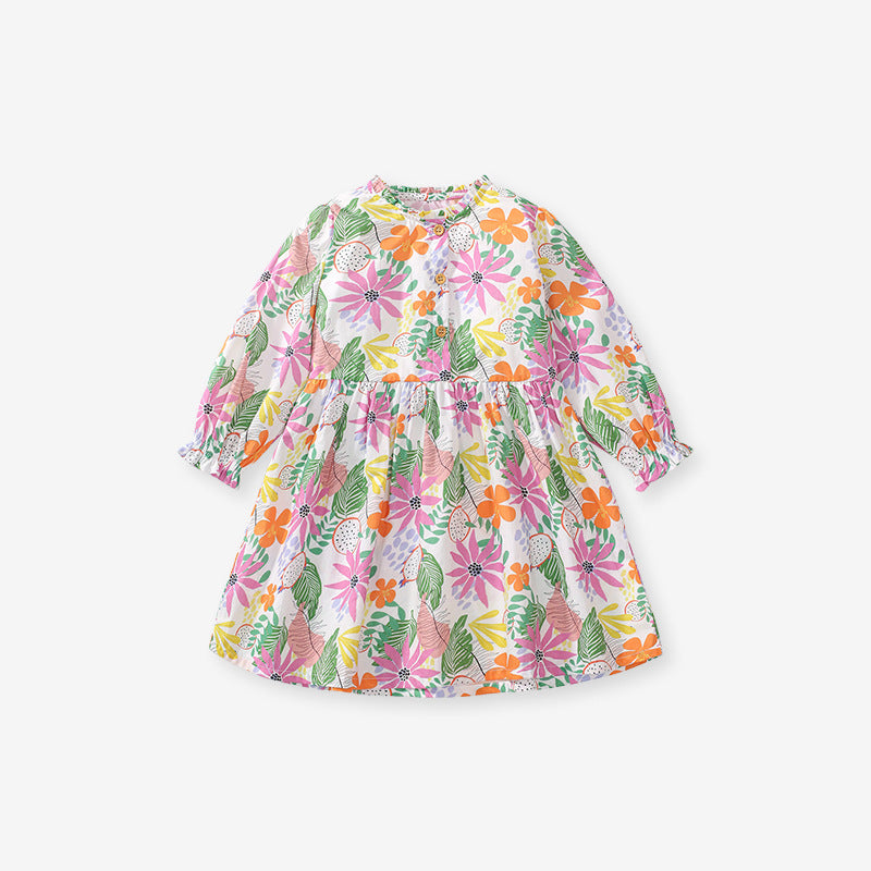 Arrival Autumn Girls Long Sleeves Colorful Flowers Pattern Ruffle Neck Dress-0