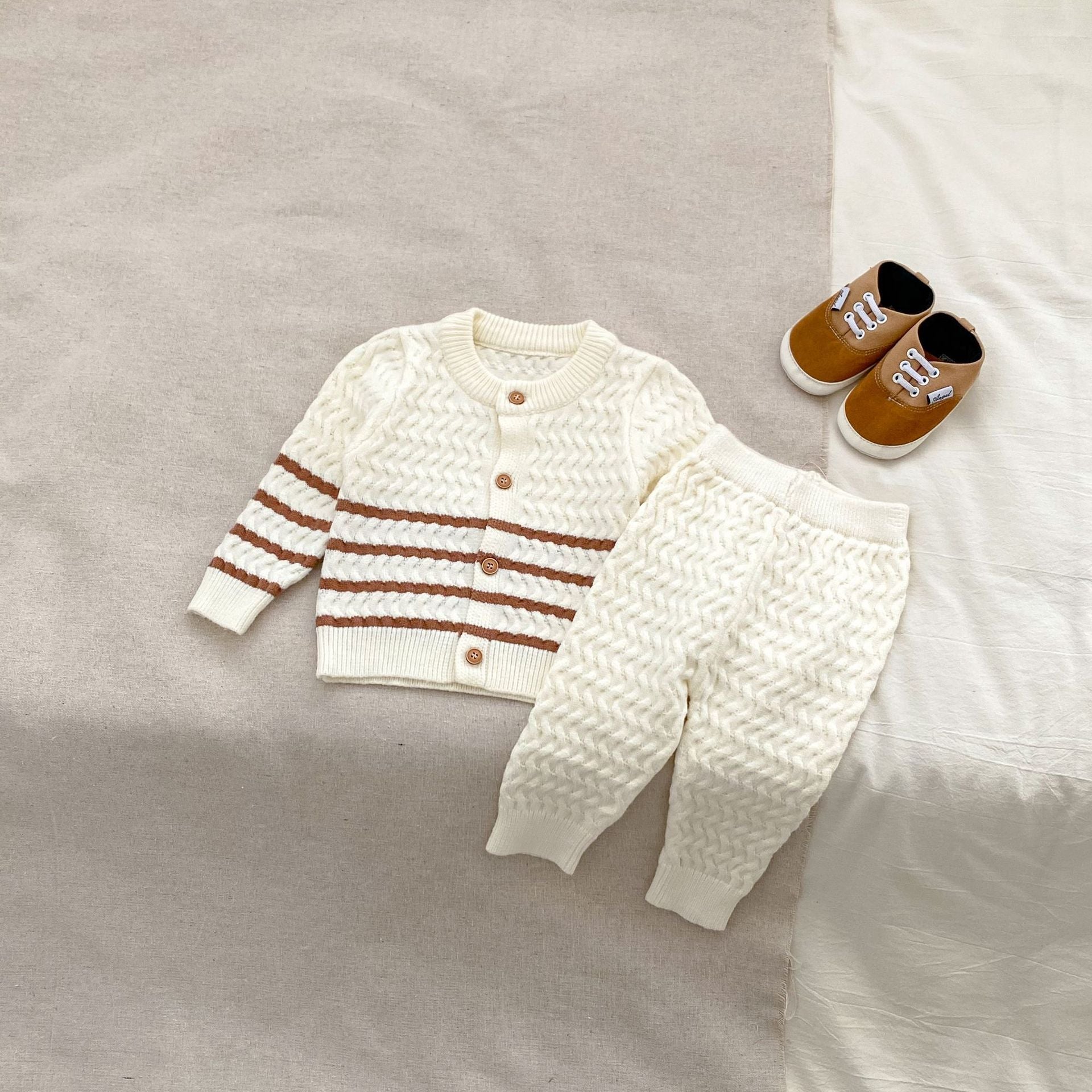 Arrival Autumn Baby Kids Unisex Long Sleeves Striped Knitted Cardigan and Long Trousers – Clothing Set-1