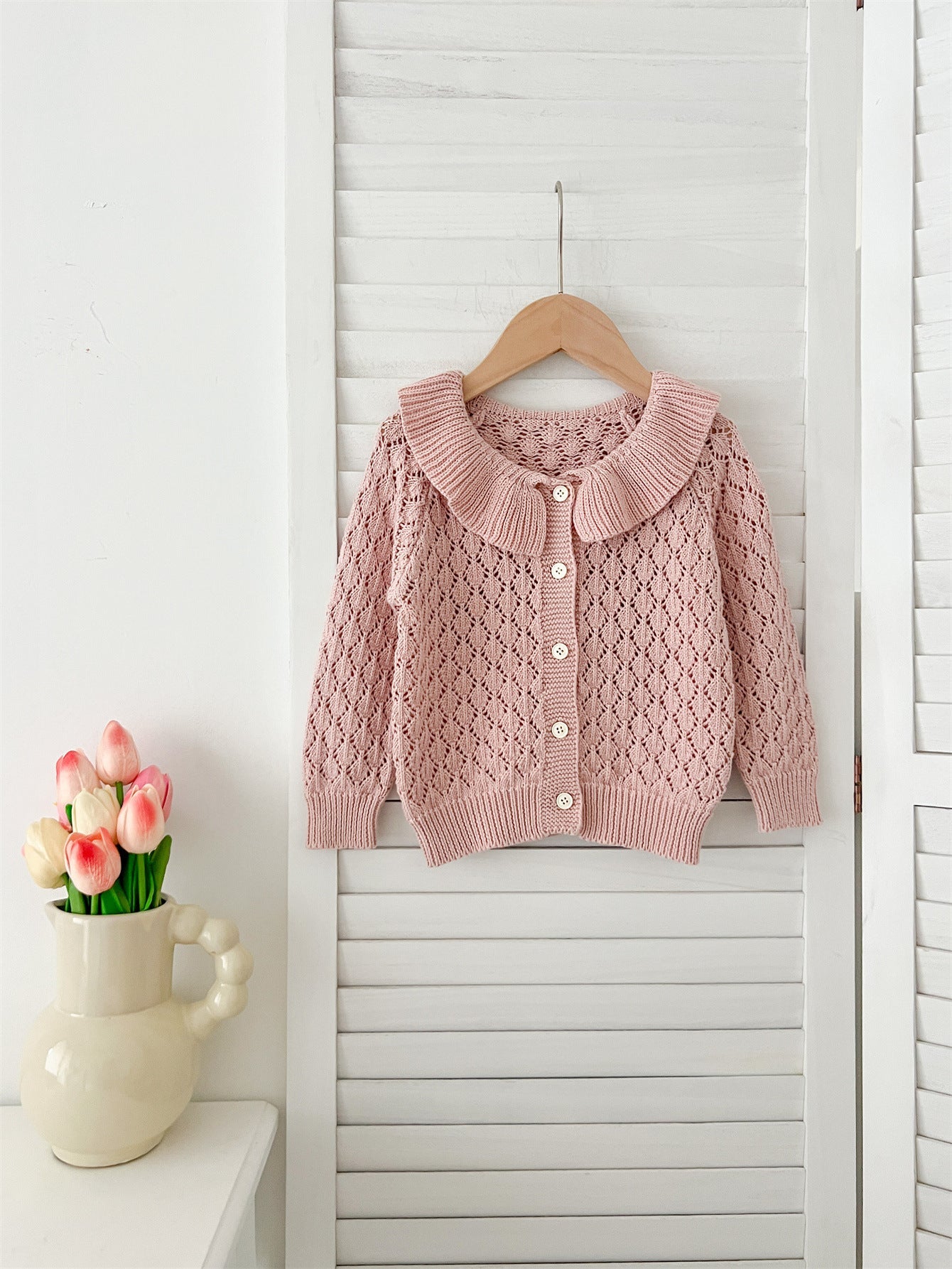 Autumn Arrival Baby Kids Girls Comfortable Hollow-out Geometric Argyle Pattern Knitted Long Sleeves Cardigan-1