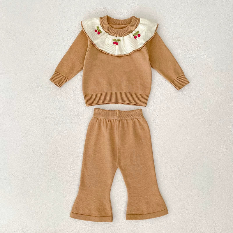 Arrival Autumn Baby Girls Long Sleeves Color Patchwork Cherry Embroidered Pattern Knitted Top Sweater and Long Trousers Clothing Set-4