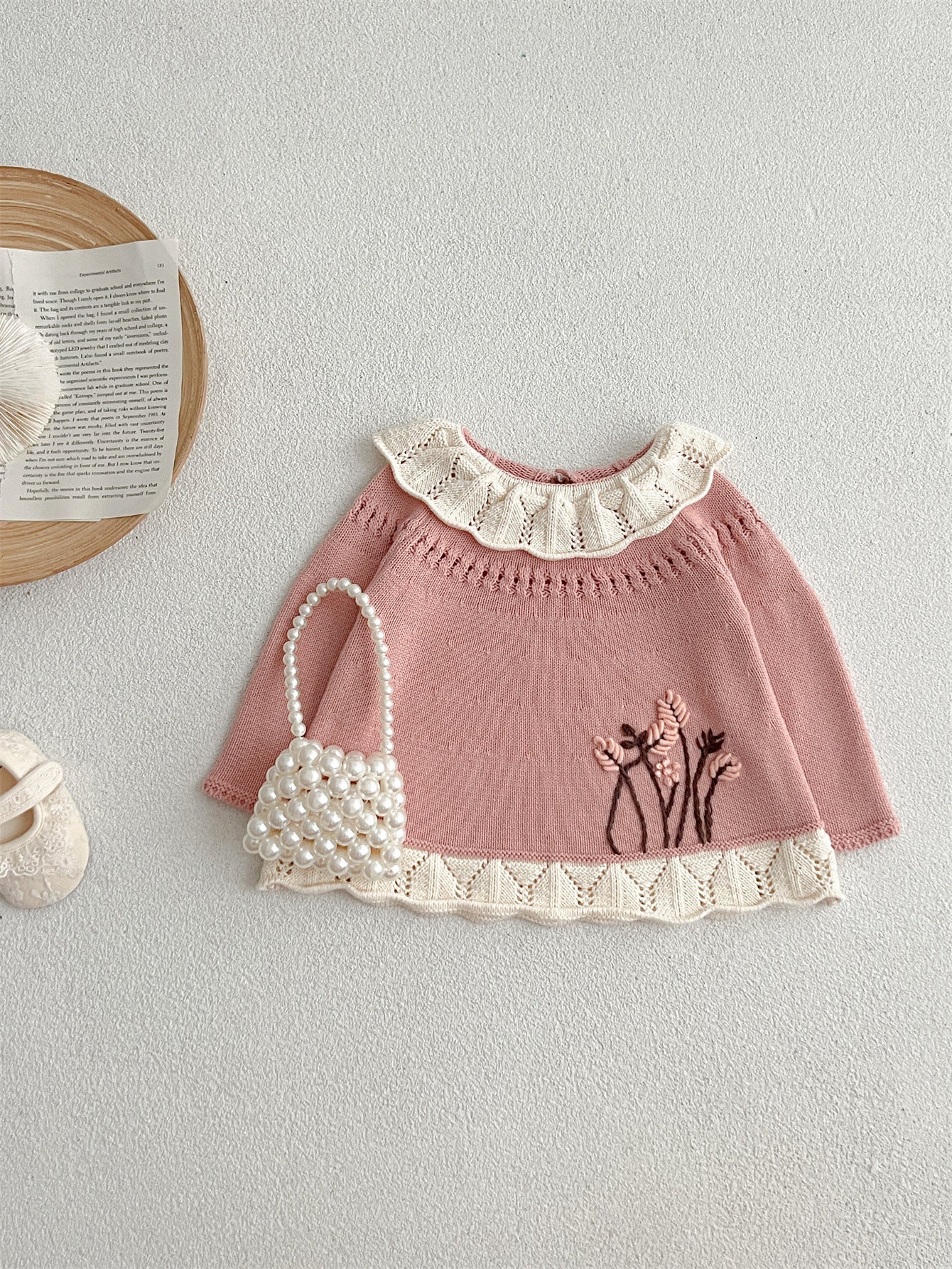 Autumn Arrival Baby Kids Girls Comfortable Hollow-out Design Knitted Long Sleeves Top with Flowers Embroidery Pattern and Collar-4