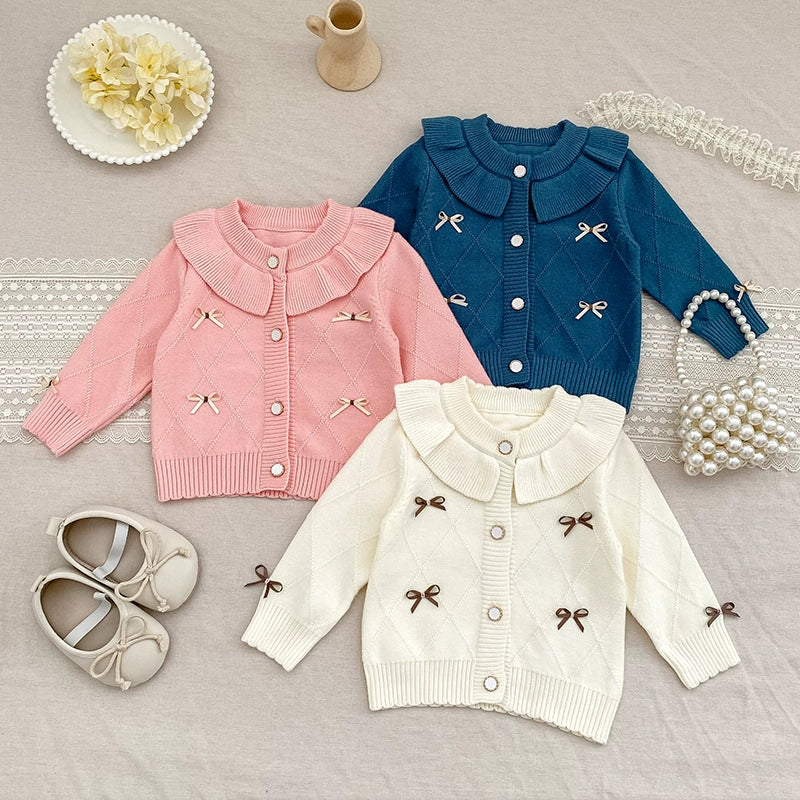 Autumn Arrival Baby Girls Comfortable Butterfly-bows Pattern Knitted Long Sleeves Cardigan-0