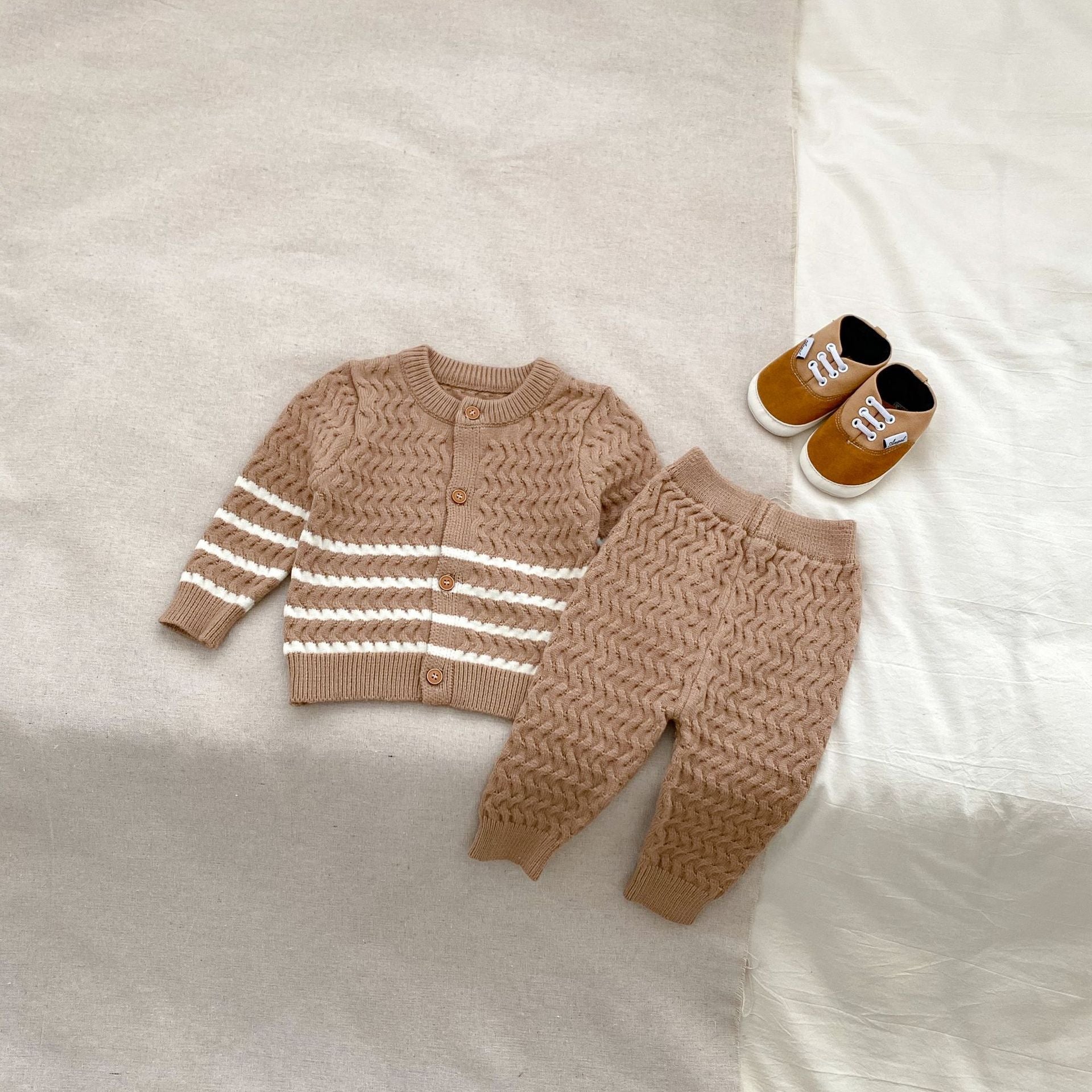 Arrival Autumn Baby Kids Unisex Long Sleeves Striped Knitted Cardigan and Long Trousers – Clothing Set-2