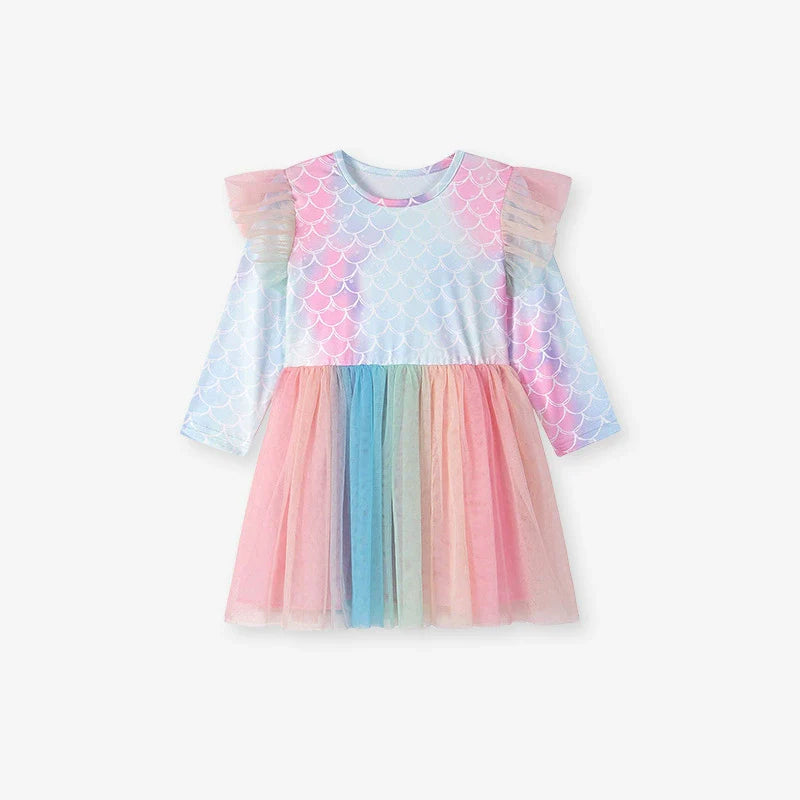 Autumn and Spring Arrival Geometric Pattern Tulle Patchwork Long Sleeves Dress for Stylish Girls-0