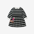 Arrival Autumn Girls Cartoon Dachshund Dog Pattern Crew Neck Long Sleeves Striped Dress-1