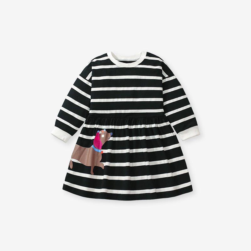 Arrival Autumn Girls Cartoon Dachshund Dog Pattern Crew Neck Long Sleeves Striped Dress-1