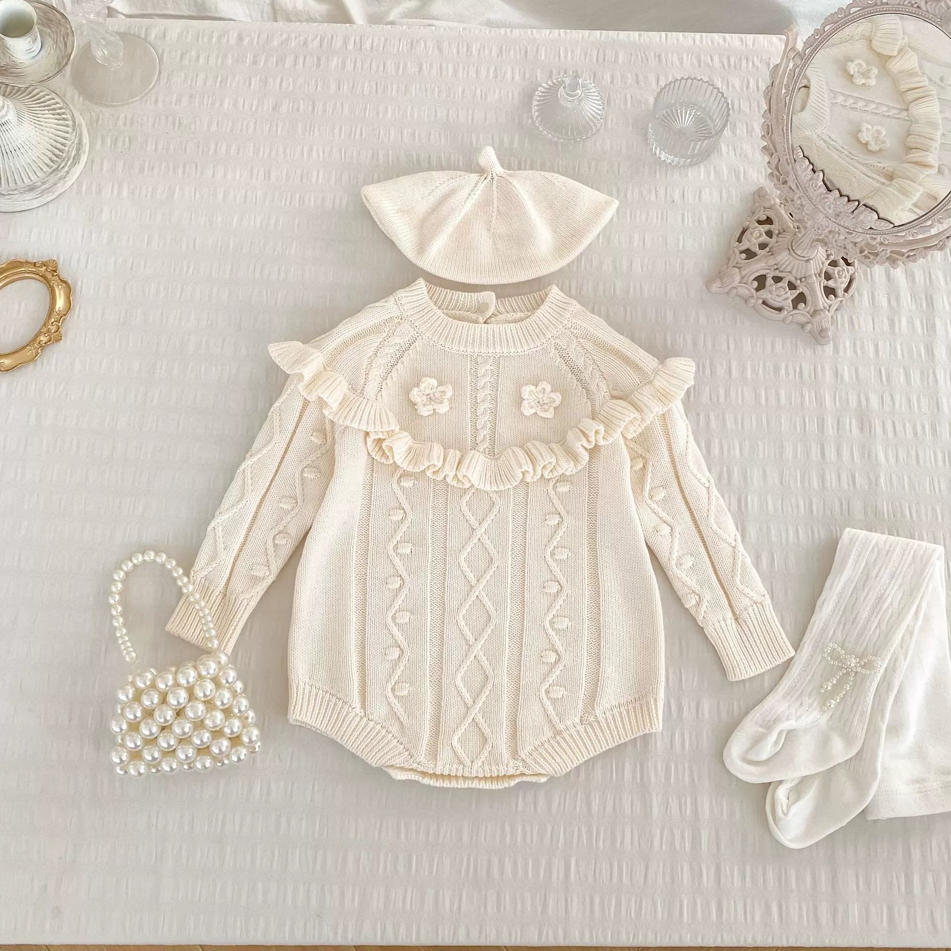 Autumn Arrival Baby Girls Knitted Long Sleeves Geometric Jacquard Pattern Onesies-1