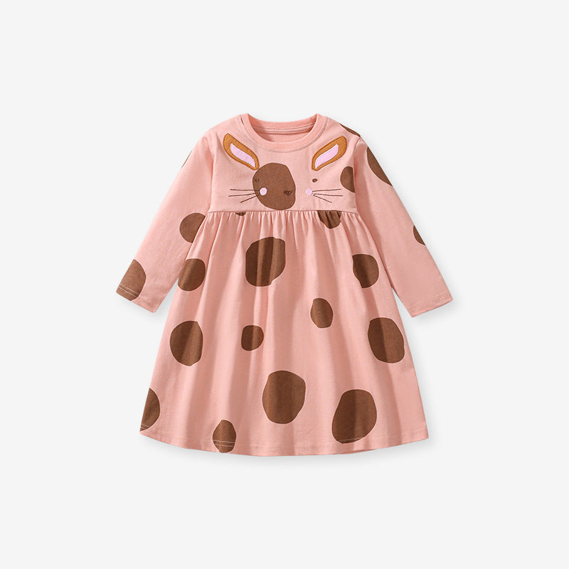 Arrival Autumn Girls Cartoon Rabbit And Polka Dots Pattern Crew Neck Long Sleeves Princess Dress-1