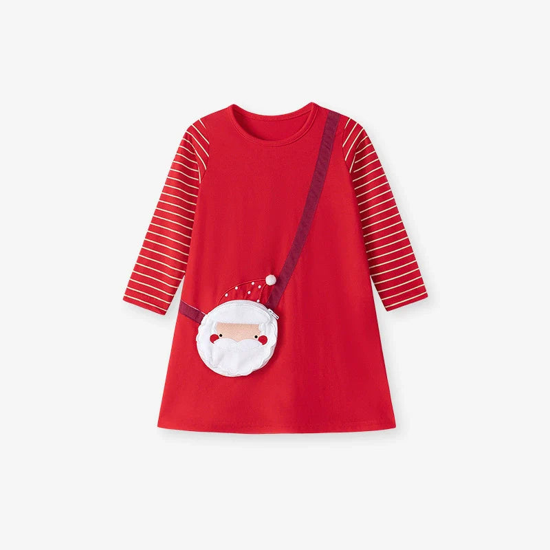 Autumn and Spring Arrival Christmas Cartoon Pattern Striped Long Sleeves Dress for Stylish Girls-0