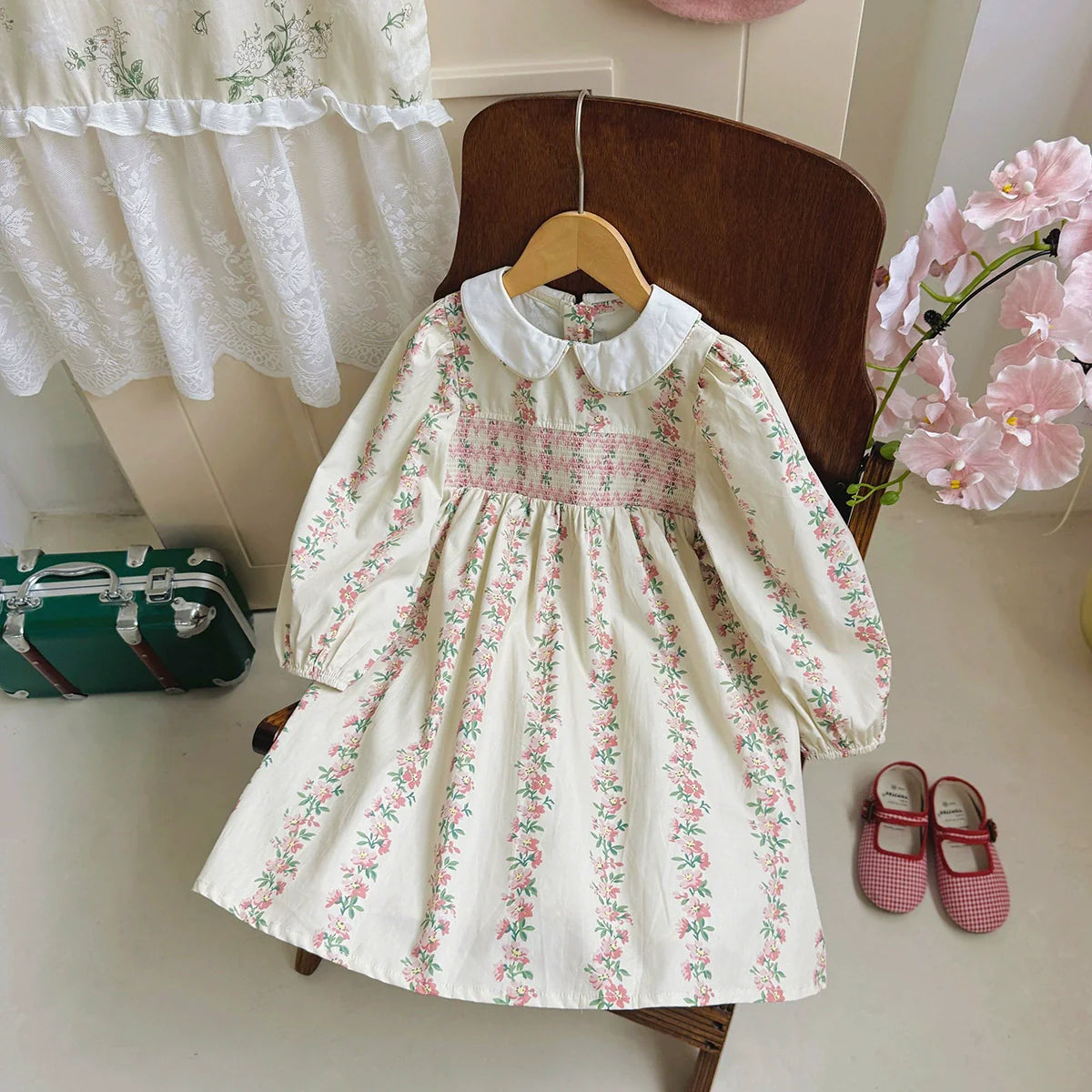 Arrival Autumn Girls Floral and Striped Pattern Long Sleeves Dress-0