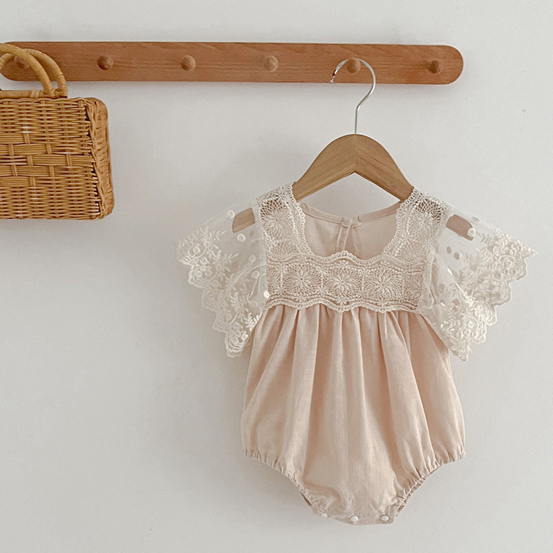 Arrival Summer Baby Kids Girls Embroidery Tulle Patchwork Short Sleeves Onesies-1