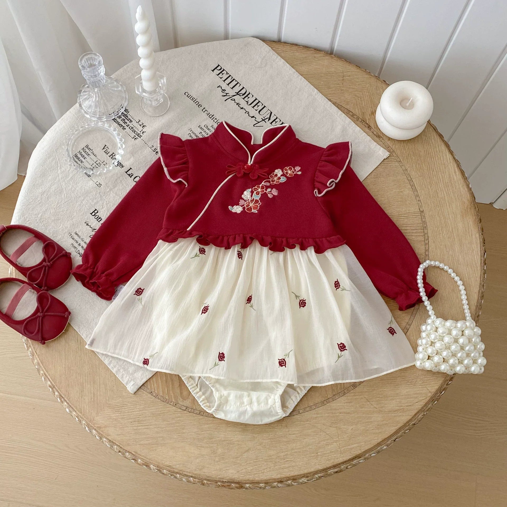 Autumn Arrival Baby Girls Long Sleeves Flowers Embroidered Pattern Color Patchwork Onesies-4