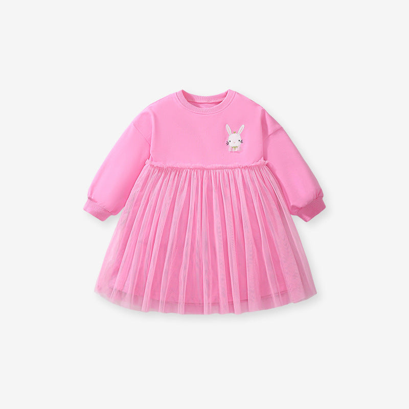 Arrival Autumn Girls Cartoon Rabbit Logo Crew Neck Long Sleeves Pink Tulle Patchwork Princess Dress-1