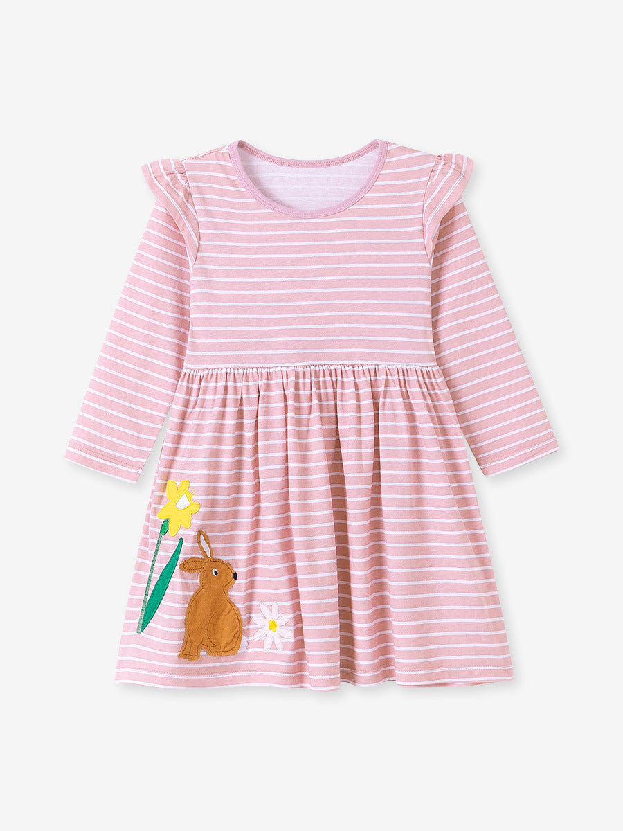 Autumn and Spring Arrival Striped and Cartoon Pattern Long Sleeves Dress for Stylish Girls-0