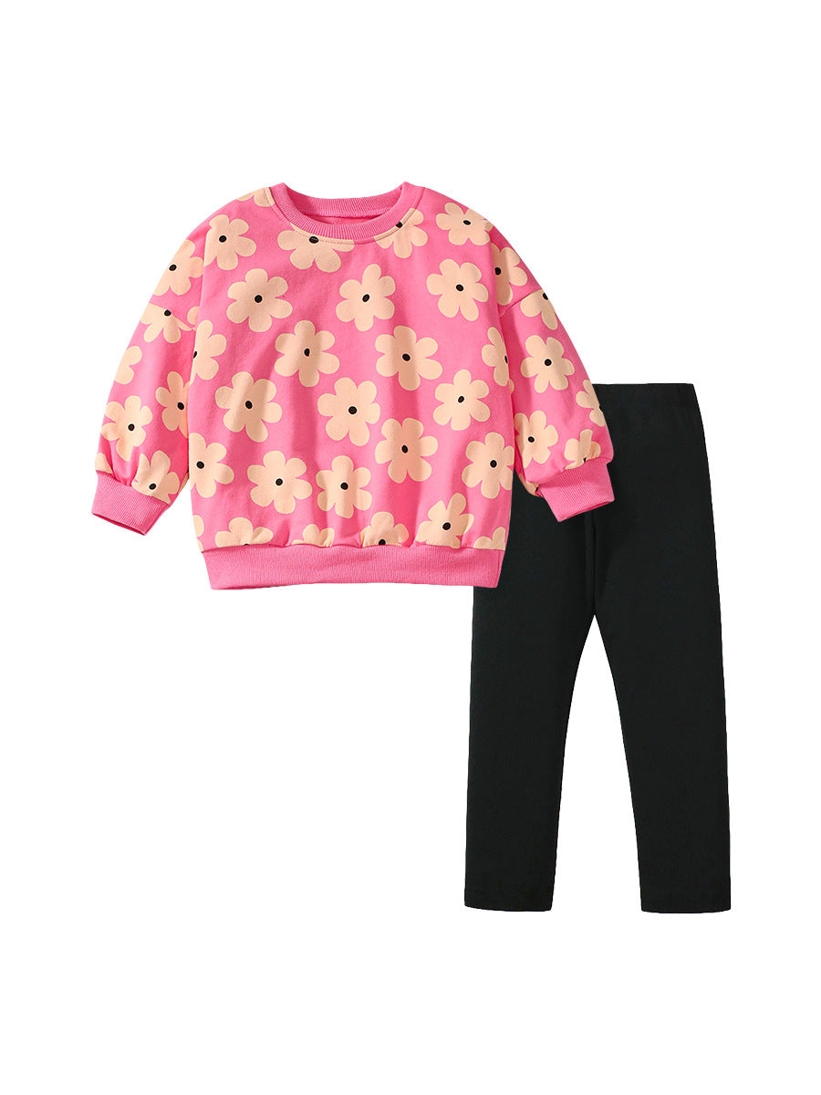 Arrival Spring And Autumn Girls Pretty Flowers Pattern Long Sleeves Top Pullover And Pants Clothing Set-0