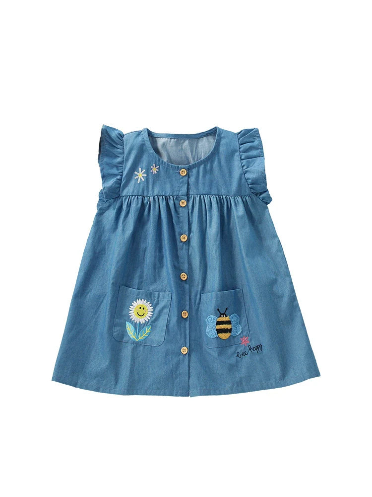 Summer Arrival Cartoon Animals and Flower Embroidered Pattern Fly Sleevels Single Breasted Dress for Stylish Girls-4