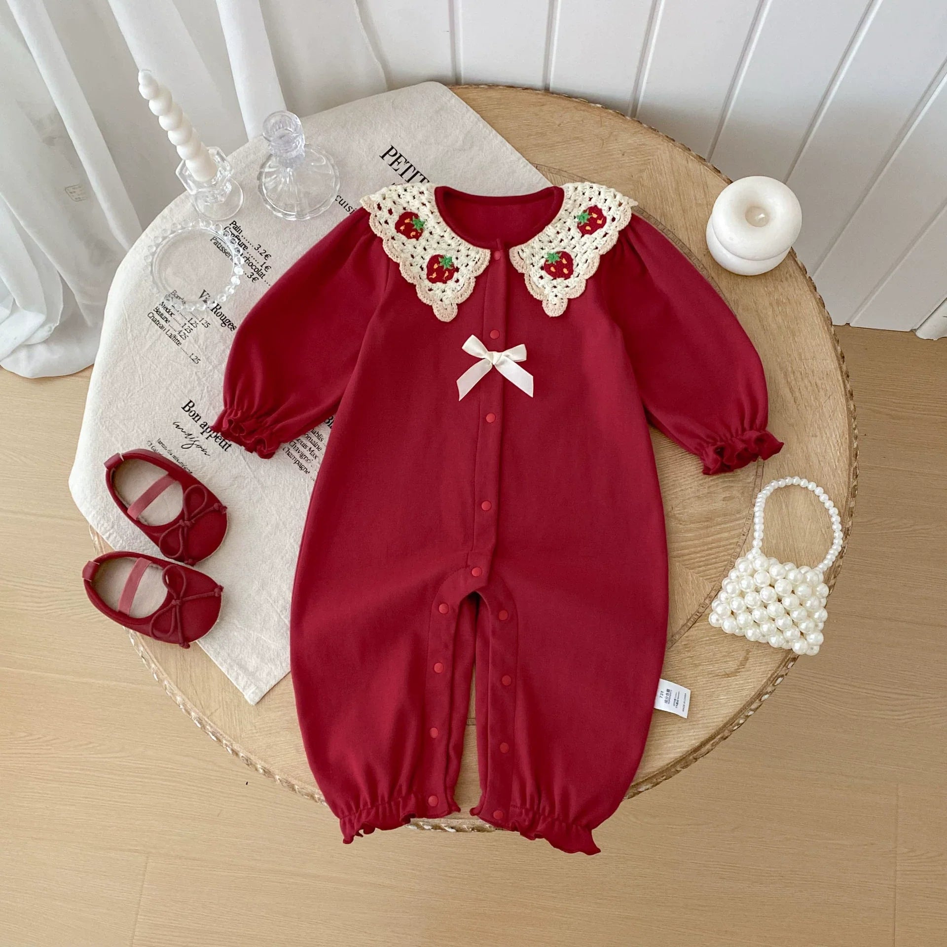 Autumn Arrival Baby Girls Long Sleeves Strawberry Embroidered Pattern Single Breasted Rompers-0