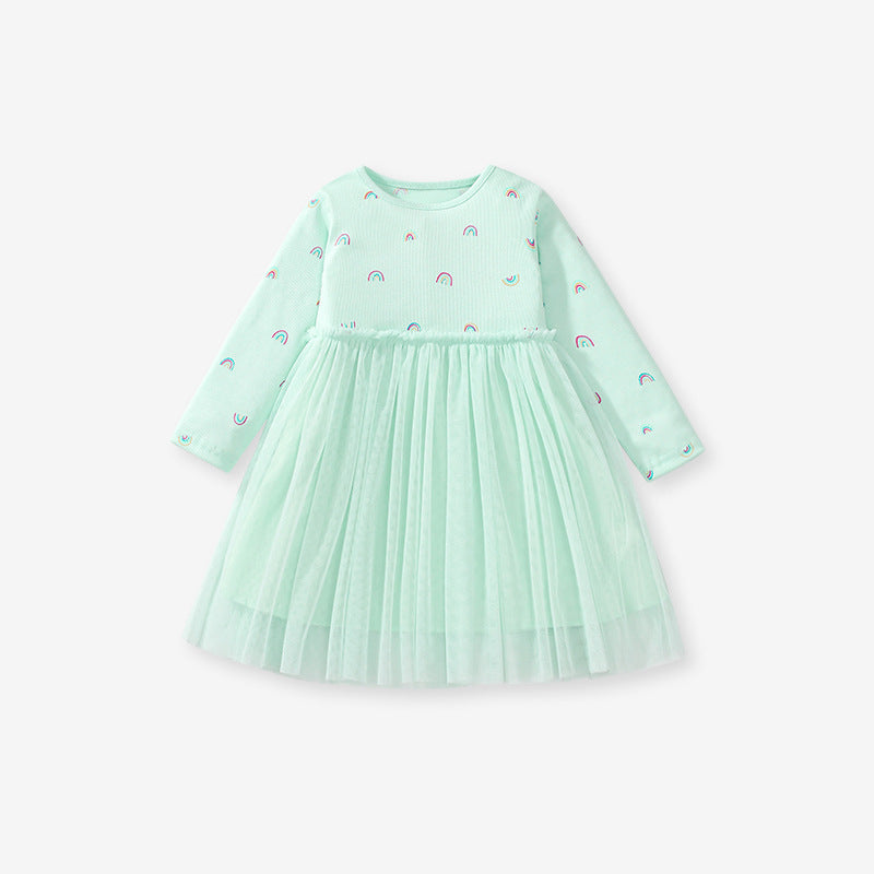Arrival Autumn Girls Rainbows Print Crew Neck Long Sleeves Tulle Patchwork Princess Dress-1