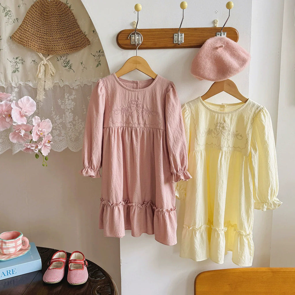 Arrival Autumn Girls Flowers and Butterfly-bow Embroidery Pattern Long Sleeves Crew Neck Dress-0