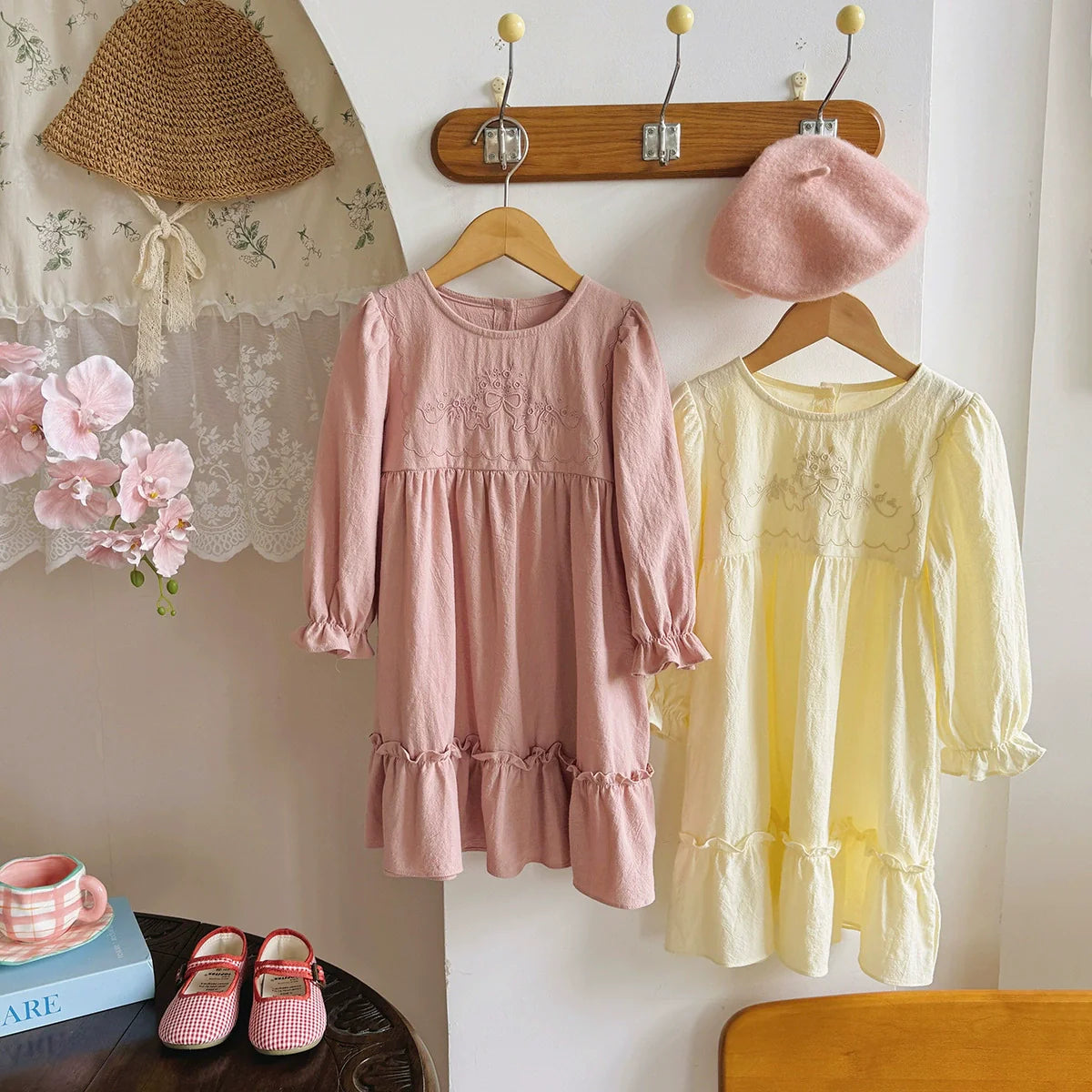 Arrival Autumn Girls Flowers and Butterfly-bow Embroidery Pattern Long Sleeves Crew Neck Dress-0