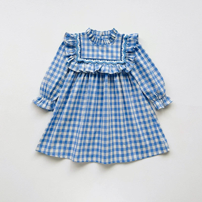 Arrival Autumn Girls Plaid Pattern Long Sleeves Ruffle Neck Dress-1