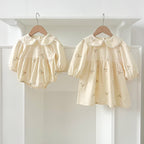 Arrival Autumn Baby Kids Girls Long Sleeves Daisy Floral Embroidery Pattern French Collar Onesies and Dress – Princess Sister Matching Set-4