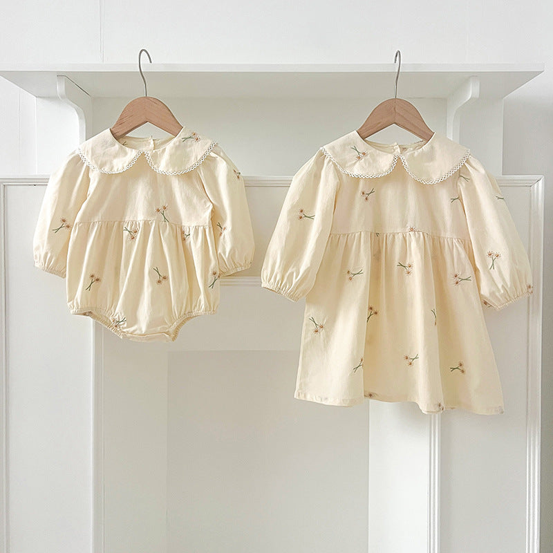 Arrival Autumn Baby Kids Girls Long Sleeves Daisy Floral Embroidery Pattern French Collar Onesies and Dress – Princess Sister Matching Set-4