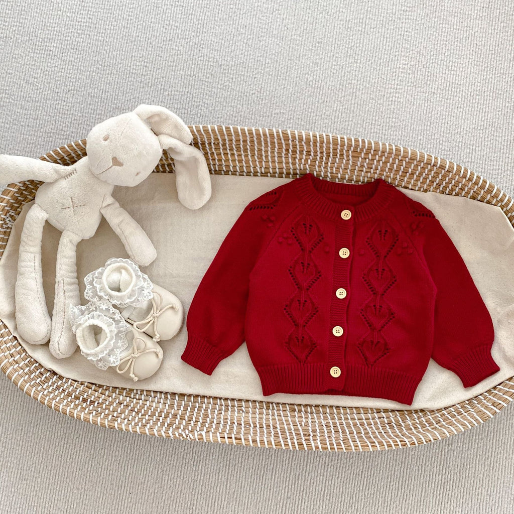 Arrival Autumn Baby Girls Geometric Hollow-out Pattern Long Sleeves Cardigan and Strap Onesies – Knitted Clothing Set-1