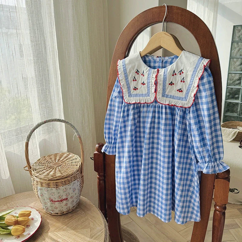 Arrival Autumn Girls Plaid and Cherry Pattern Long Sleeves Dress-0