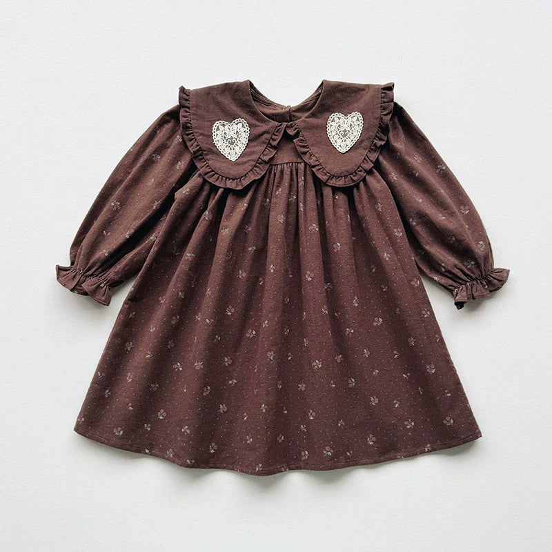 Arrival Autumn Girls Hearts Embroidery and Floral Printed Pattern Long Sleeves Dress-1
