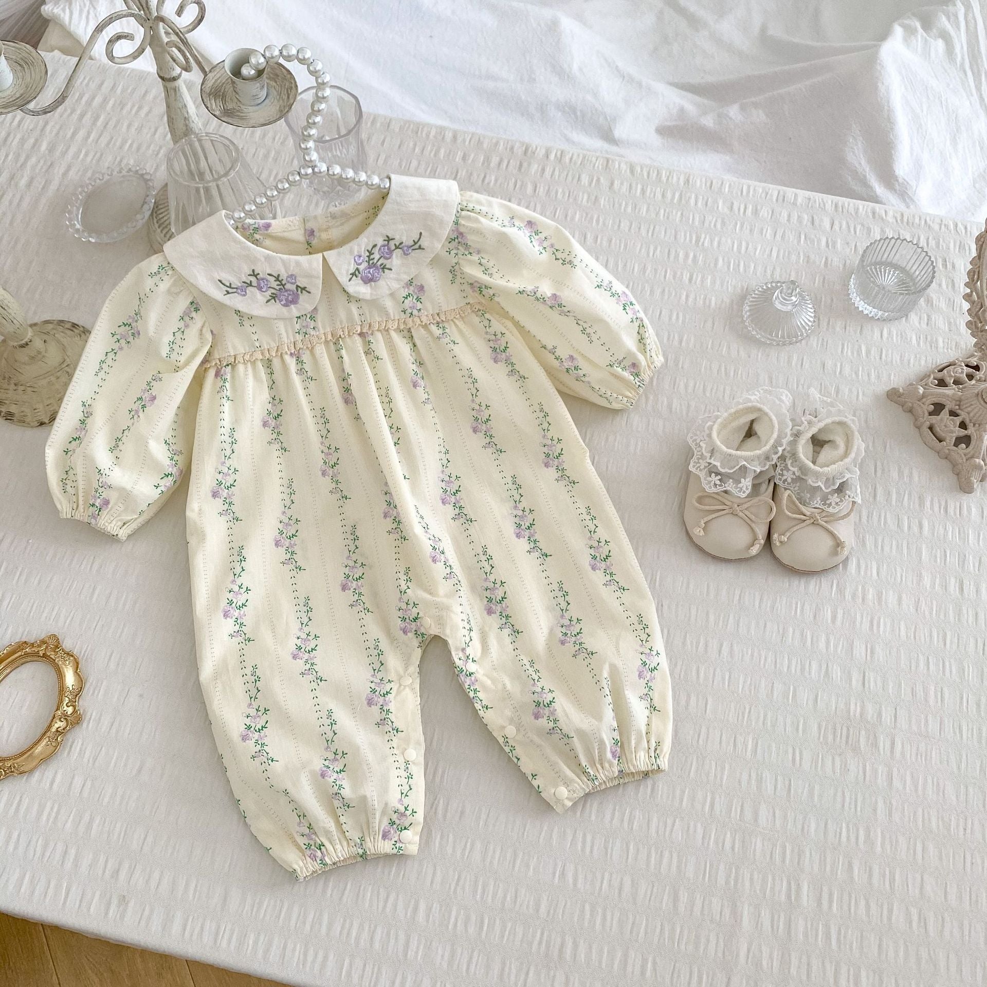 Arrival Autumn Baby Girls Long Sleeves Floral Pattern Romper with Embroidered Collar-1