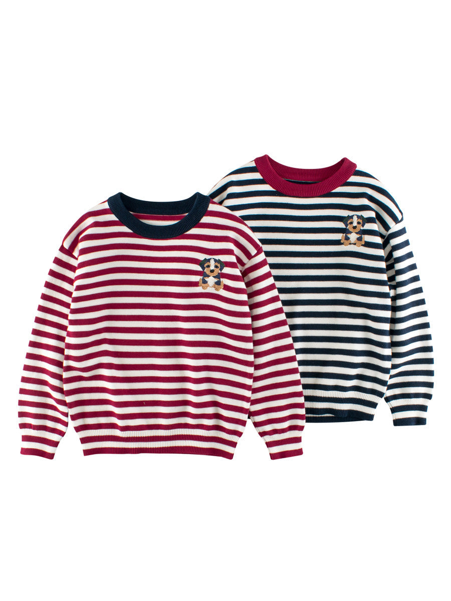Arrival Baby Kids Puppy Logo and Striped Pattern Crew Neck Long Sleeves Knitted Top-0