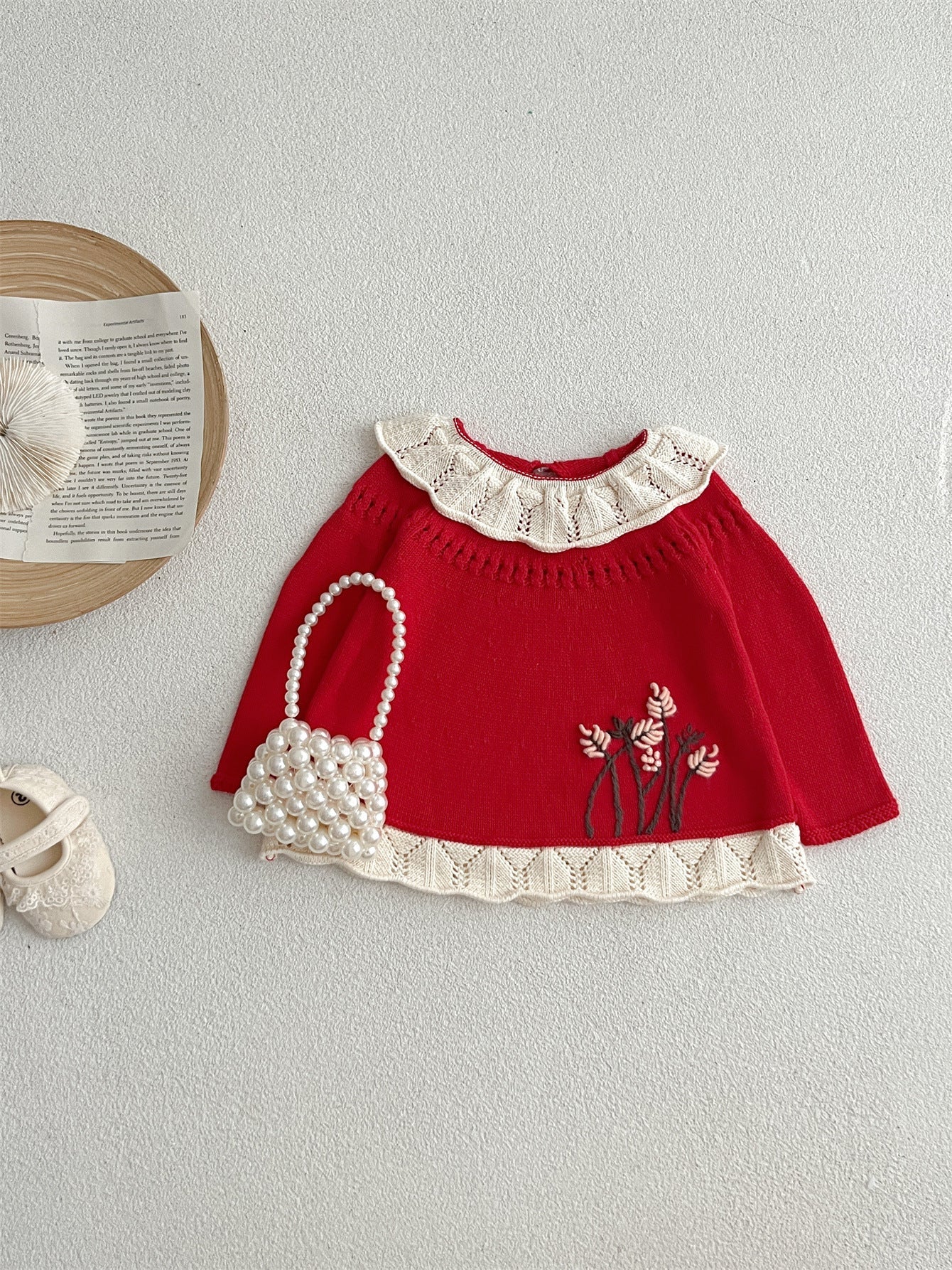 Autumn Arrival Baby Kids Girls Comfortable Hollow-out Design Knitted Long Sleeves Top with Flowers Embroidery Pattern and Collar-5
