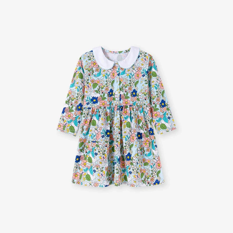 Autumn and Spring Arrival Colorful Flowers Cartoon Pattern Long Sleeves Dress for Stylish Girls-0