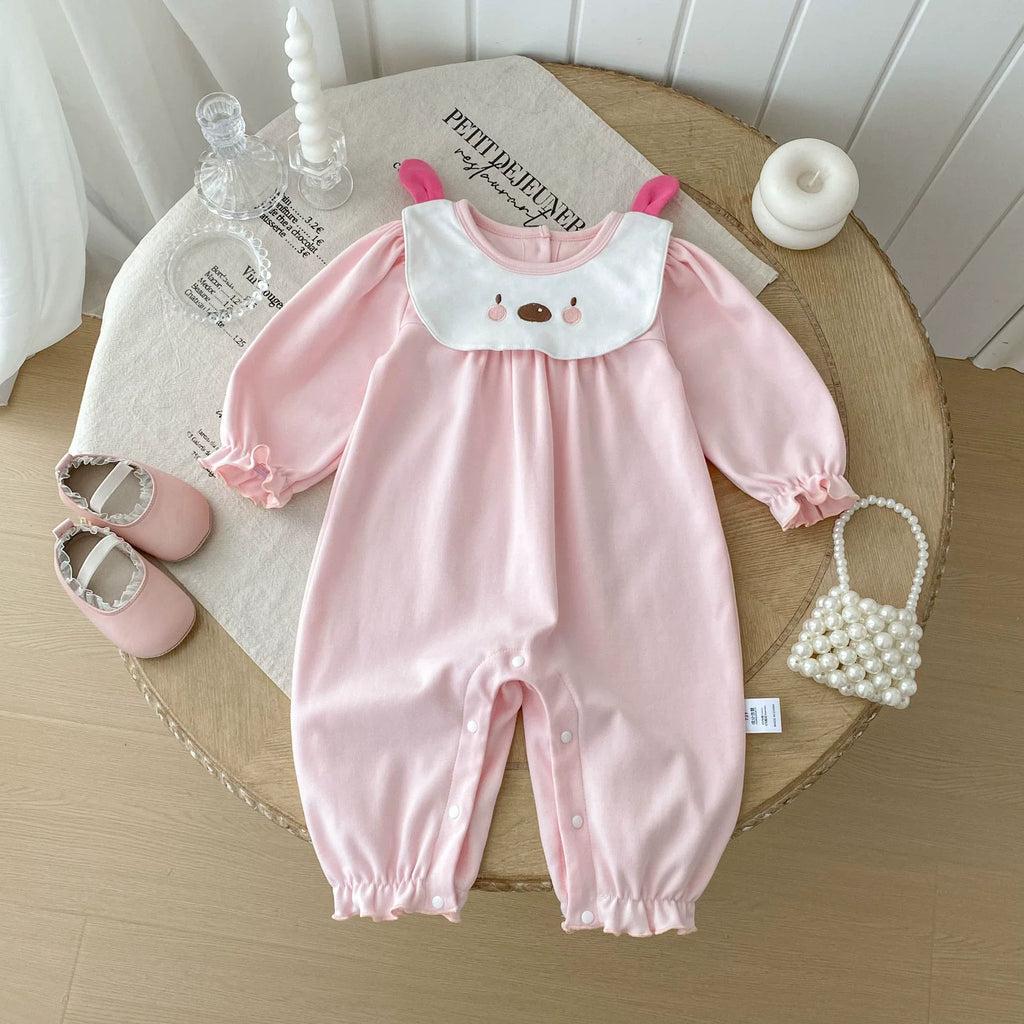 Autumn Arrival Baby Girls Long Sleeves Cartoon Pattern Collar Color Patchwork Rompers-4