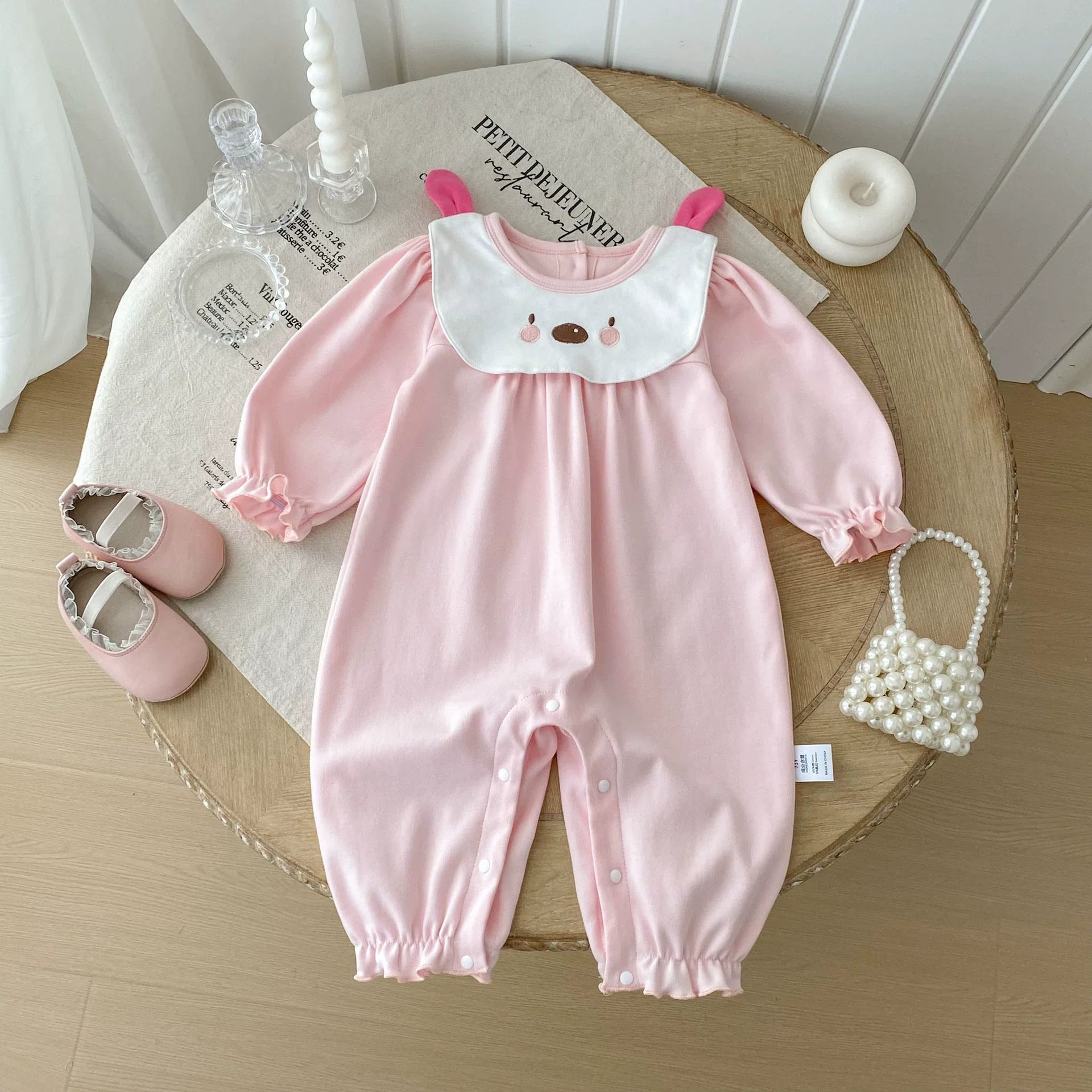 Autumn Arrival Baby Girls Long Sleeves Cartoon Pattern Collar Color Patchwork Rompers-4